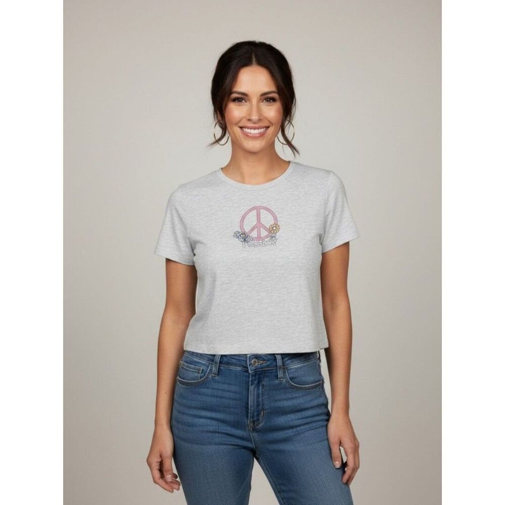 Cotton On Light Gray Cropped Tee with Pink Peace Sign